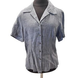 J Jill NWOT Blue Chambray 100% Linen Short Sleeve Button Up Shirt Size Medium